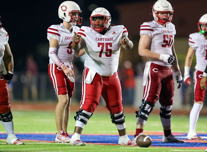 Carthage lines up on offense early in the 2023 season in its chase for a 10th state title.